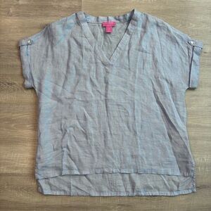 Isaac Mizrahi Women’s Blue Linen V-Neck Short Sleeve Hi-Low Top Medium Summer